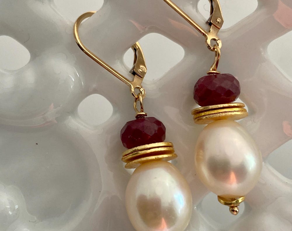 Freshwater Teardrop pearl ruby earrings- 12mm pearls - highly iridescent- 7mm rubies - 18k vermeil disks - 14k gold filled leverbacks.
