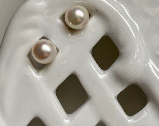 Japanese Akoya pearl stud earrings. 5.6mm iridescent white Saltwater cultured pearls. 14k gold-filled post and ear clutches- Century Pearls
