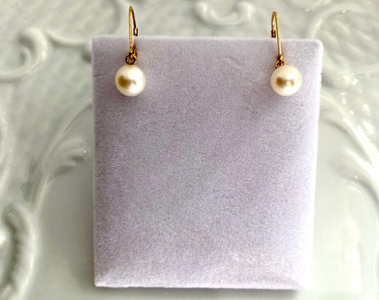 Japanese Akoya Pearl earrings, Vintage pearl drop earrings - 6.4mm AAA pink iridescent nacres  14k gold filled Lever backs - Century Pearls