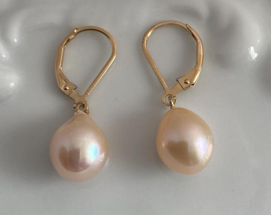 Freshwater Teardrop Pearl Earrings -8.3mm - pink hue - highly iridescent nacre - Gold undertones - 14k Gold Filled Lever Backs.