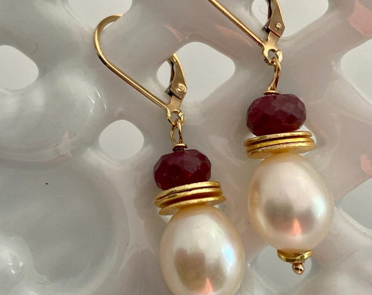 Freshwater Teardrop pearl ruby earrings- 12mm pearls - highly iridescent- 7mm rubies - 18k vermeil disks - 14k gold filled leverbacks.